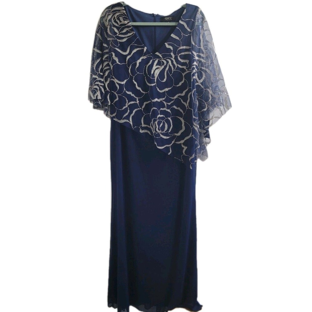 NWT Ignite Evenings Navy Formal Dress 10 Sheer Floral Overlay Cape Sleeve